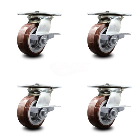 Service Caster 5 Inch Heavy Duty Polyurethane Caster Set with Roller Bearings and Brakes SCC SCC-35S520-PPUR-SLB-4